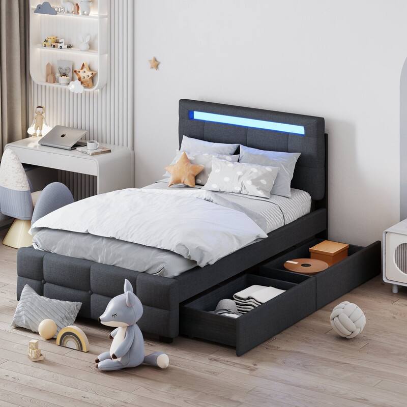 Twin Size Linen Upholstered LED Platform Bed Frame with Drawers - Grey