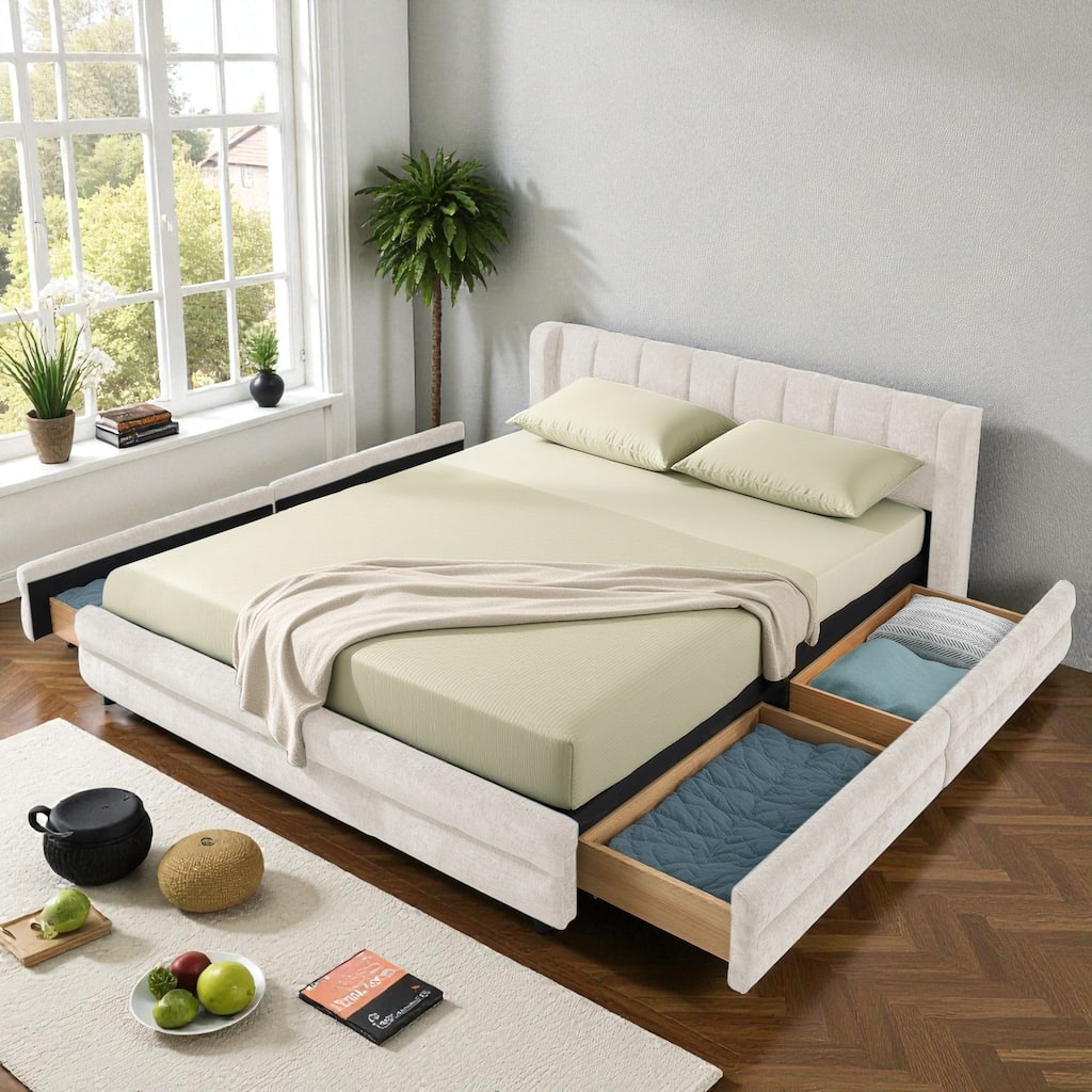 Queen Size Upholstered Bed Frame with Chenille Headboard and Underbed Storage Drawer, Solid Platform Design