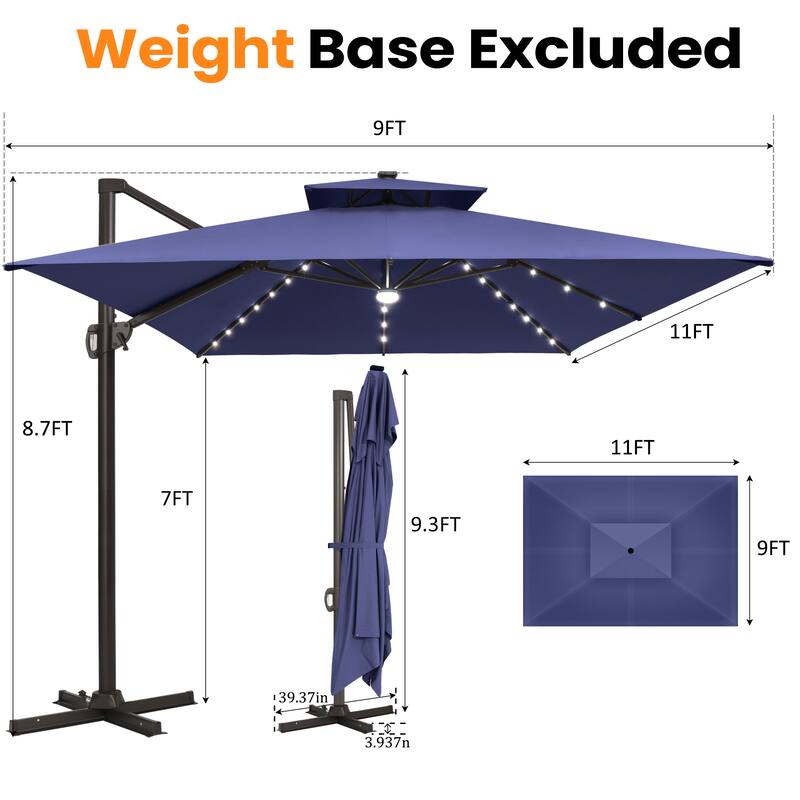 Solar LED Light 9 x 11FT Rectangular Outdoor Cantilever Patio Daul Top Umbrella without Base