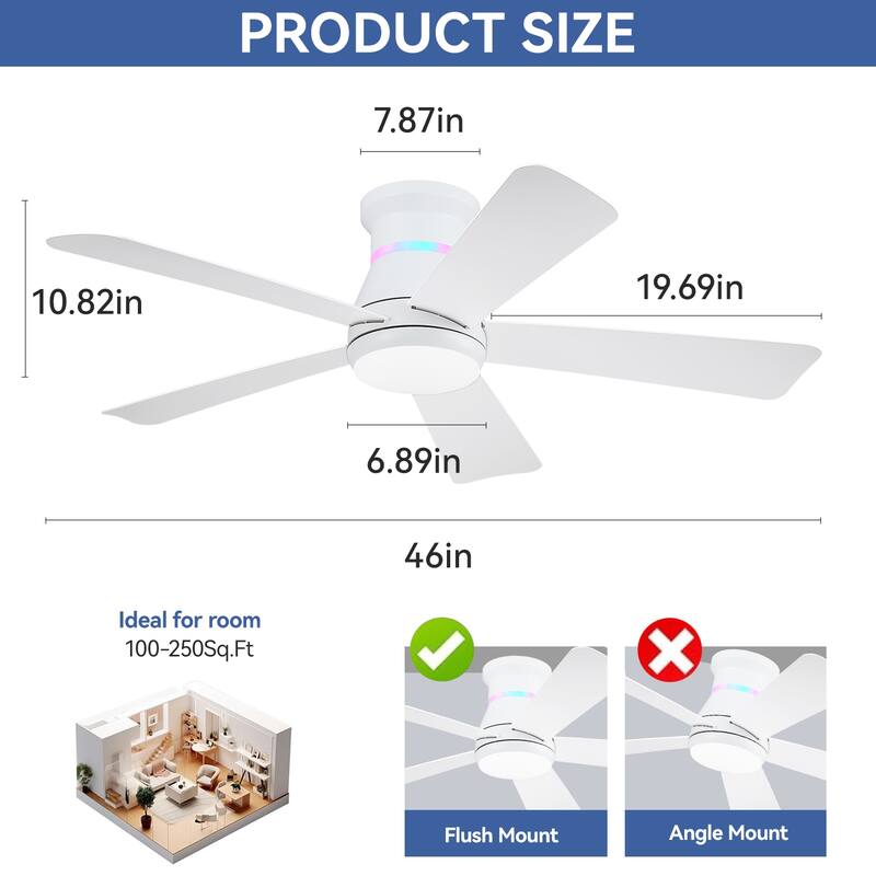 Kviflon 46 Inches RGB Flush Mount Ceiling Fan with Light and Remote,DC Motor,for Living Room Bedroom