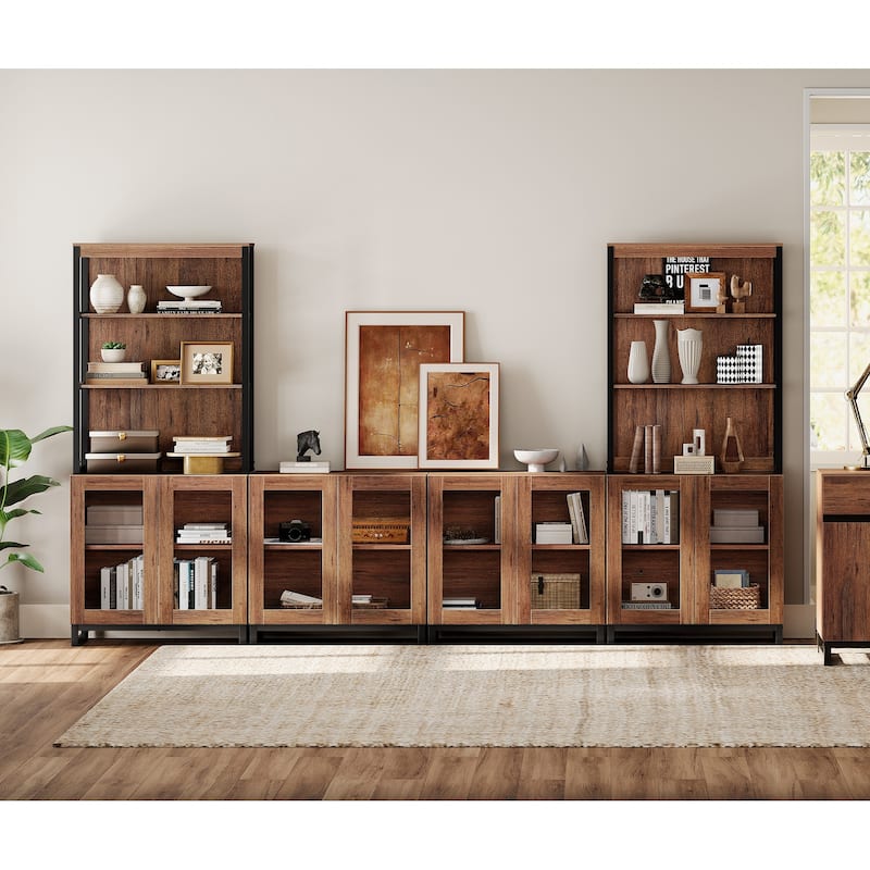 Modern 72" Tall Bookcases with Glass Doors and Adjustable Shelves, Wood Bookshelves for Home Office, Living room.