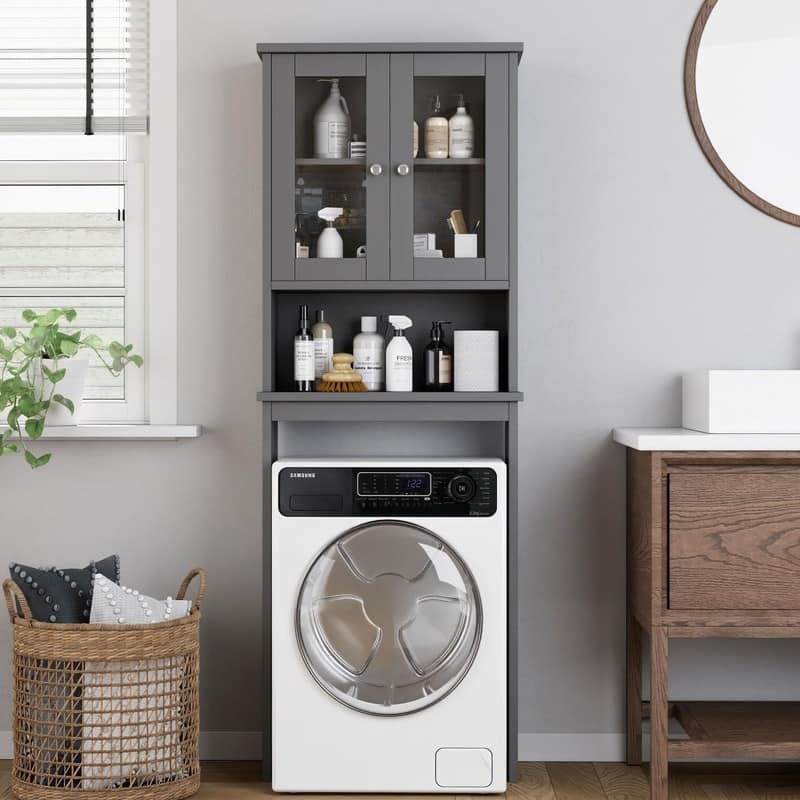 Over The Toilet Storage Cabinet, Glass Door - 8.5"D x 23.6"W x 65.4"H