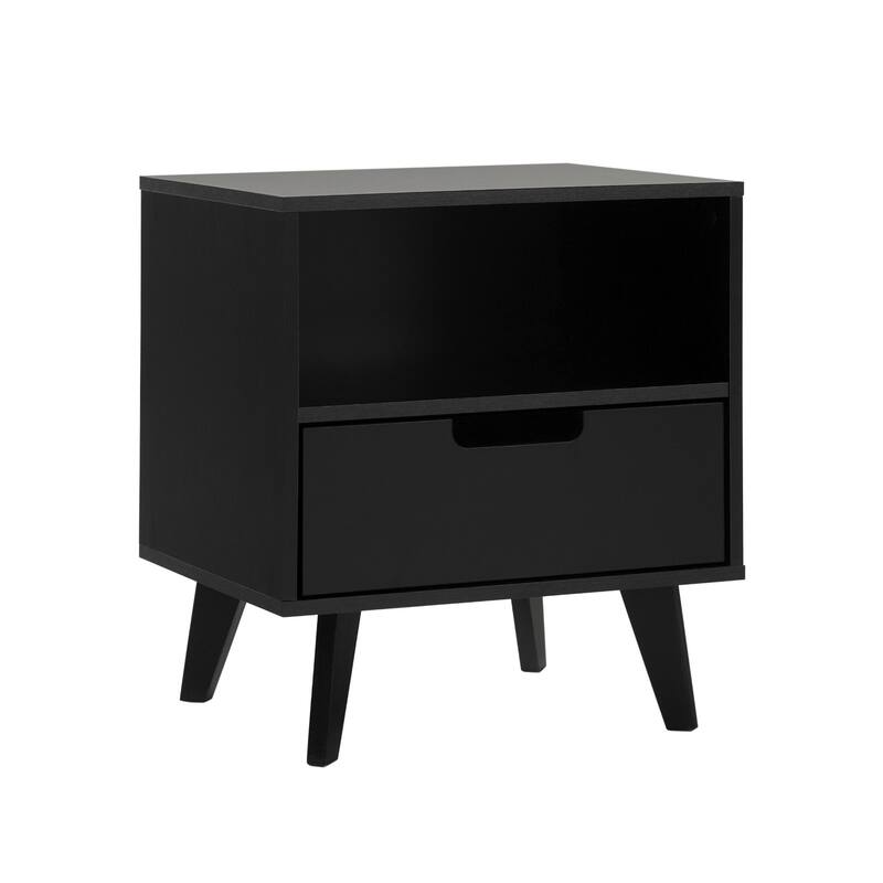 Sleek 1-Drawer Nightstand with Mid-Century Legs and Smooth Metal Glides - Black