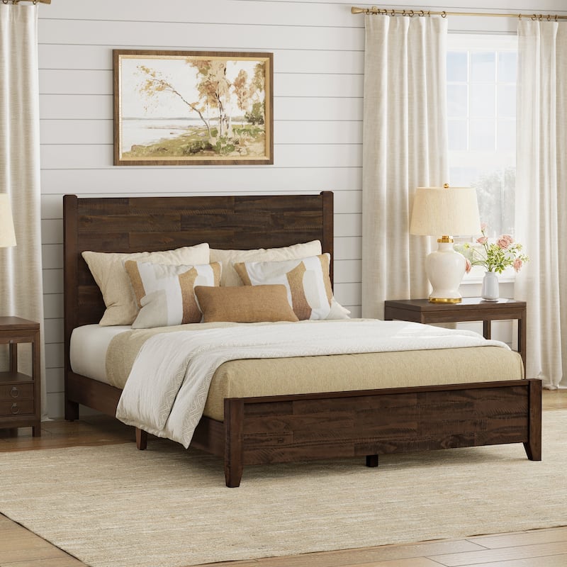 LUE BONA Pine Platform Bed with Distressed Headboard, Solid Wood Queen Bed Frame/King Bed Frame/Full Bed Frame - Dark Walnut - Queen