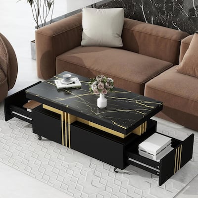 Coffee Table,39" Wide Contemporary Center Table with Gold Metal Bars & Faux Marble Top, for Living Room