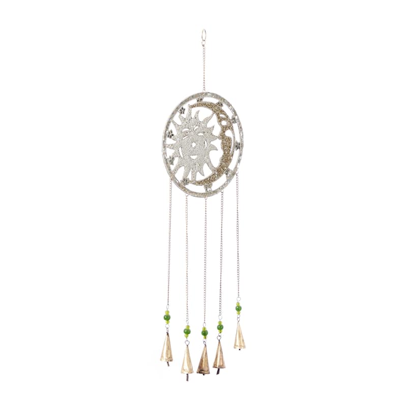 Metal Handmade Embellished Moon and Sun Indoor Outdoor Windchime with Glass Beads and Bells - Silver - Roche River Decor