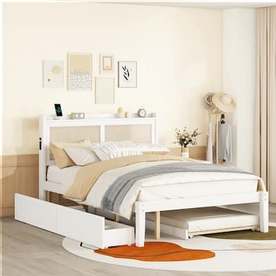 Elegant Bed Frame with Rattan Headboard and Sockets