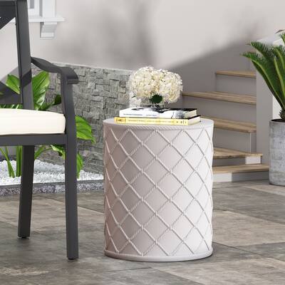 Roomfitters Outdoor Concrete End Table with Rope-Inspired Diamond Design, Round Accent Side Table, Antique White