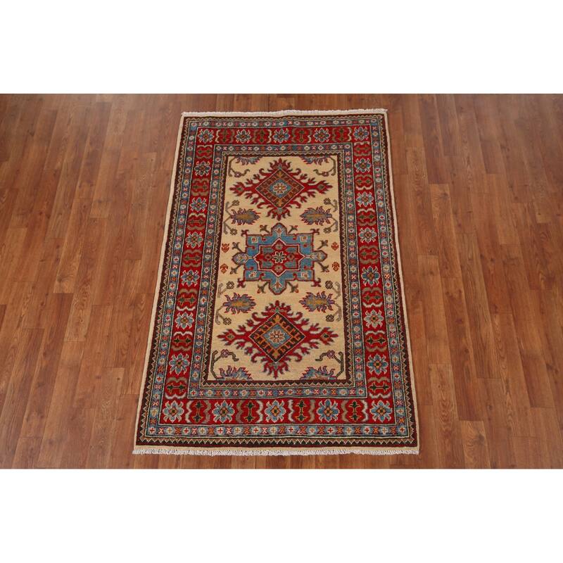 Traditional Kazak Oriental Foyer Rug Handmade Beige Wool Carpet - 3'3" x 4'11"
