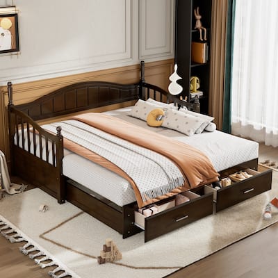 Wooden Twin Size Daybed with Twin Size Trundle, Extendable Daybed with Two Storage Drawers, Espresso