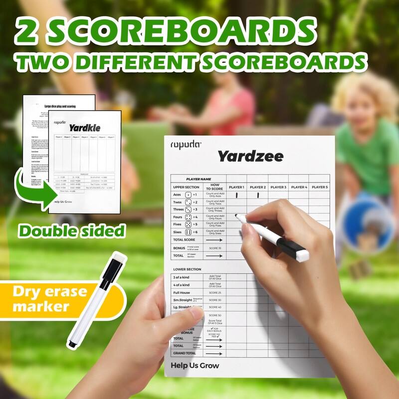 3.5 in Giant Wooden Yard Dice Set, includes 6 Dice, Collapsible Bucket, Score Cards & Dry Erase Marker - N/A