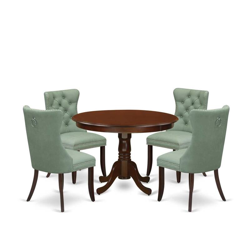 5 Piece Dining Set Round Table & 4 Chairs Mahogany Kitchen Table Set