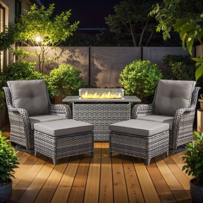Fire Pit Table with Patio Glider Chairs Ottomans - Grey - Grey