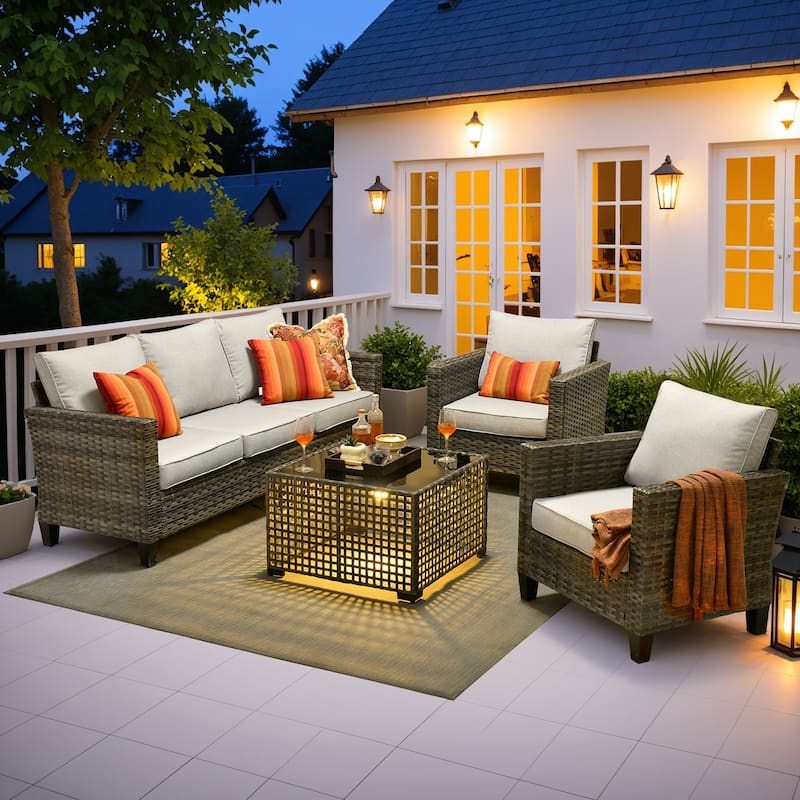 OVIOS 4 Pieces Patio Furniture Wicker Set with Solar-Powered Coffee Table