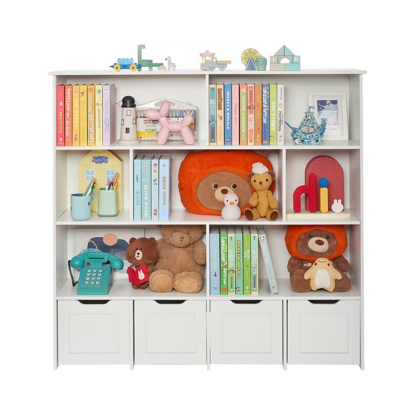 Brown Wooden Toy Storage Organizer with 11 Compartments and 4 Drawers - 49.41 x 12.99 x 46.46 in