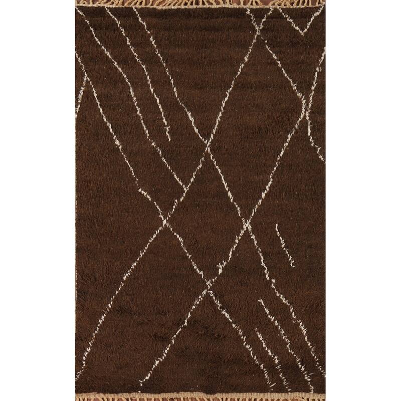 Hand Knotted Oriental 100% Wool Carpet Modern Geometric Brown Moroccan Area Rug - 8' 6'' X 5' 0''