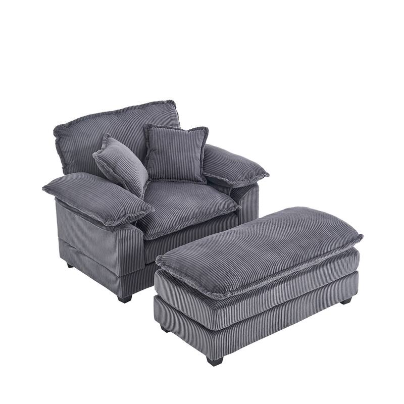56.3 Inch Corduroy Single Deep Seat Sofa Chair With 2 Toss Pillows and a Ottoman