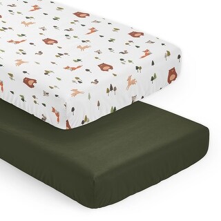 Sweet Jojo Designs Woodland Animals Boy, Girl, Unisex/Gender Neutral 2 Pack Fitted Crib Sheets - Solid Green and Forest Friends