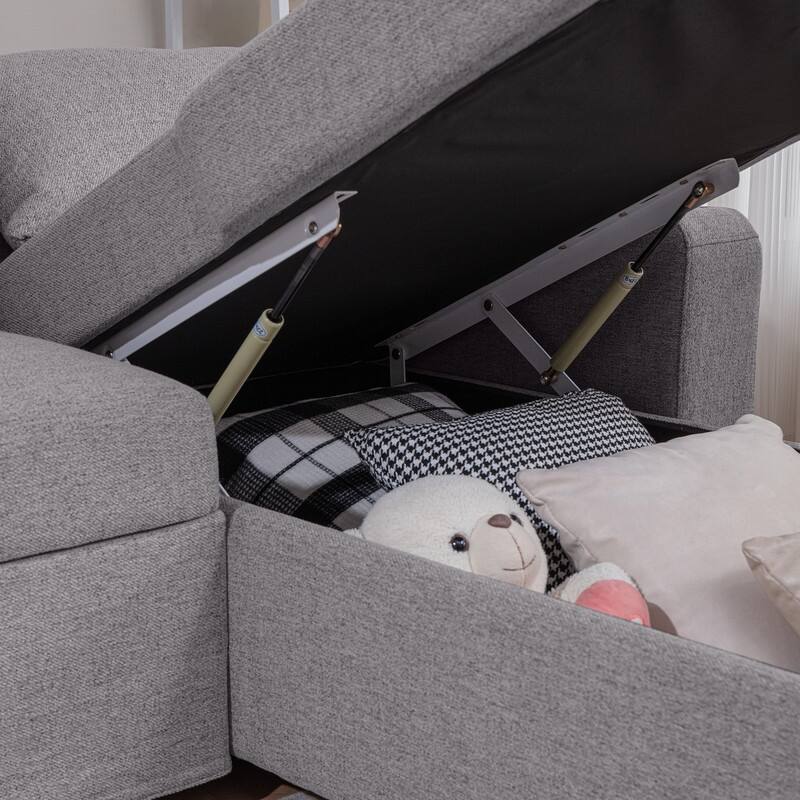 Modern Upholstered Linen Sleeper Sofa Sectional with Chaise,Pull Out Couches with USB Ports & Cup Holders
