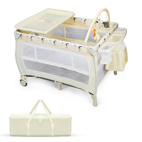 Gymax Portable Foldable Baby Playard Playpen Nursery Center w/ - Beige - 40'' x 28.5'' x 41''(L x W x H)