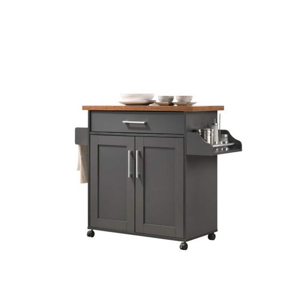 Kitchen Island Cart with Spice Rack & Storage - Grey Oak Kitchen Island with Drawer & Cabinet