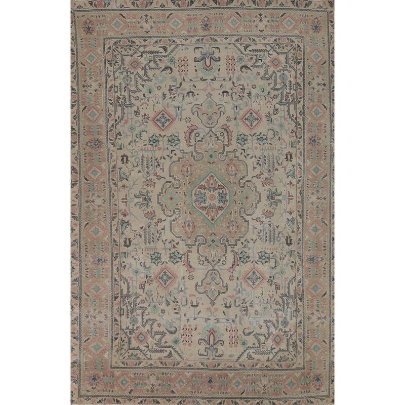 Beige Tabriz Persian Vintage Area Rug Hand-Knotted Wool Carpet - 6'6" x 9'9"