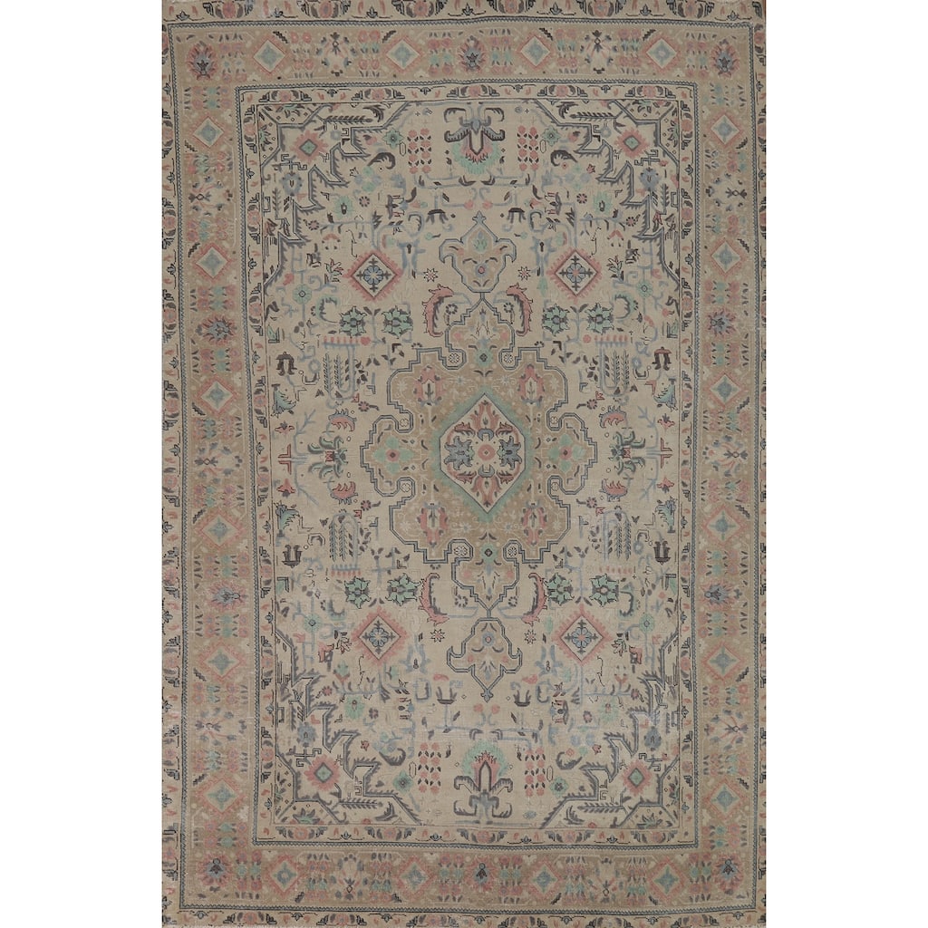 Beige Tabriz Persian Vintage Area Rug Hand-Knotted Wool Carpet - 6'6" x 9'9"