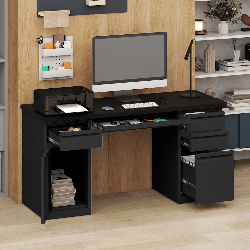 Moasis Alloy Steel Executive Desk Office Desk with USB Port & Power Outlets and File Cabinet