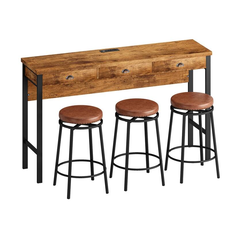 Grondin Country Farmhouse Style 4-Piece Bar Table Set with 3 PU Leather Upholstered Swivel Stools, 3 Drawers and Power Outlets