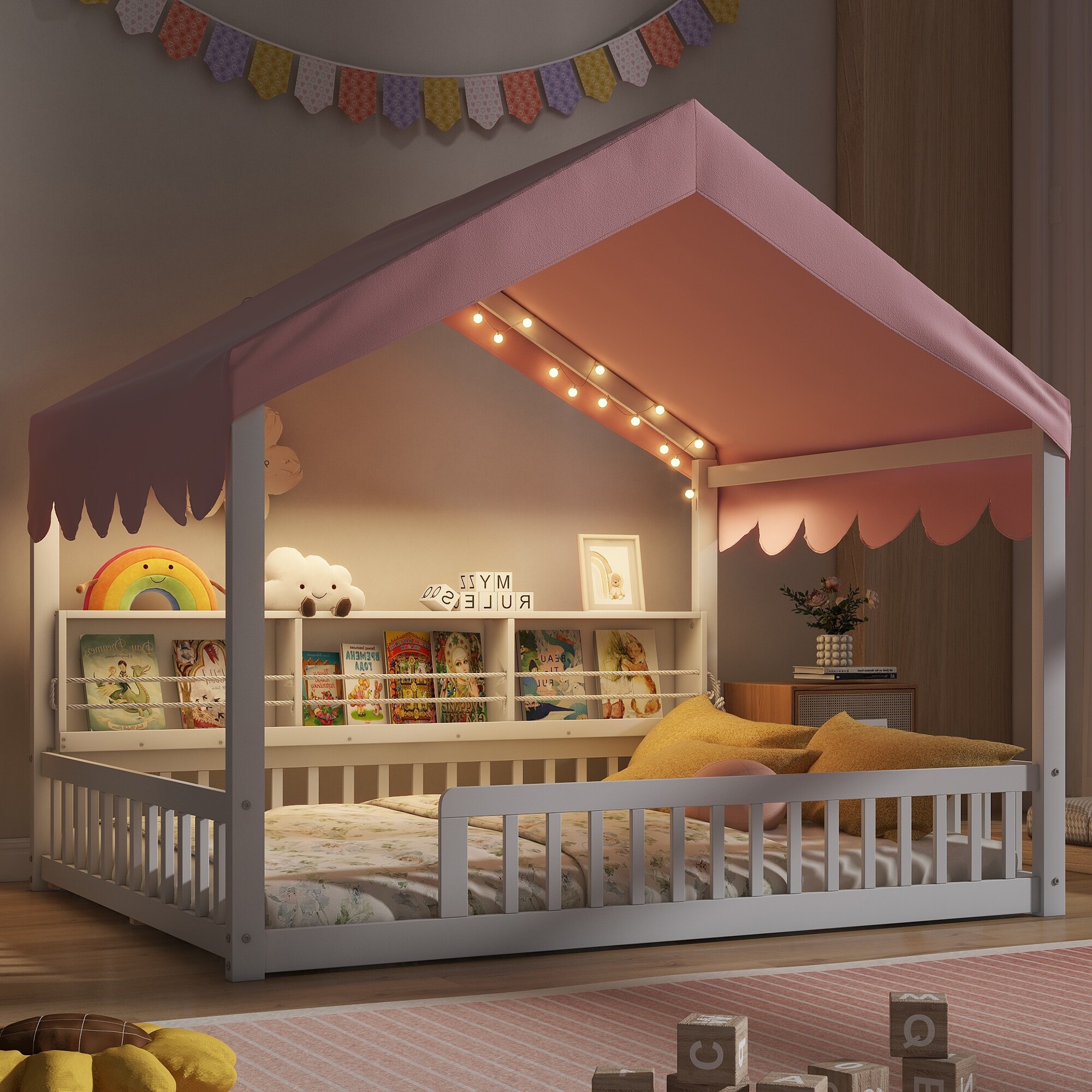 Full Size LED House Floor Bed Wooden Daybed with 3 Storage Bookshelves, Montessori Bed Playhouse Full Bed Frame for Girls, Boys