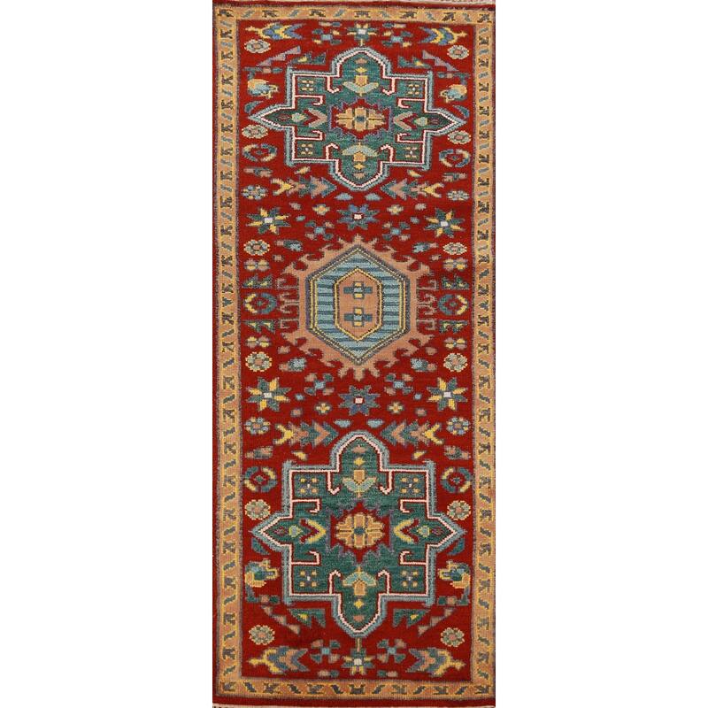 Red Geometric Khotan Indian Runner Rug Hand-Knotted Wool Carpet - 2'7"x 7'8"