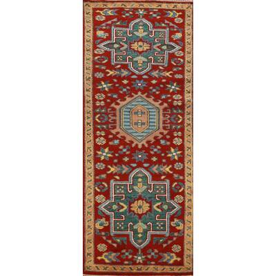 Red Geometric Khotan Indian Runner Rug Hand-Knotted Wool Carpet - 2'7"x 7'8"
