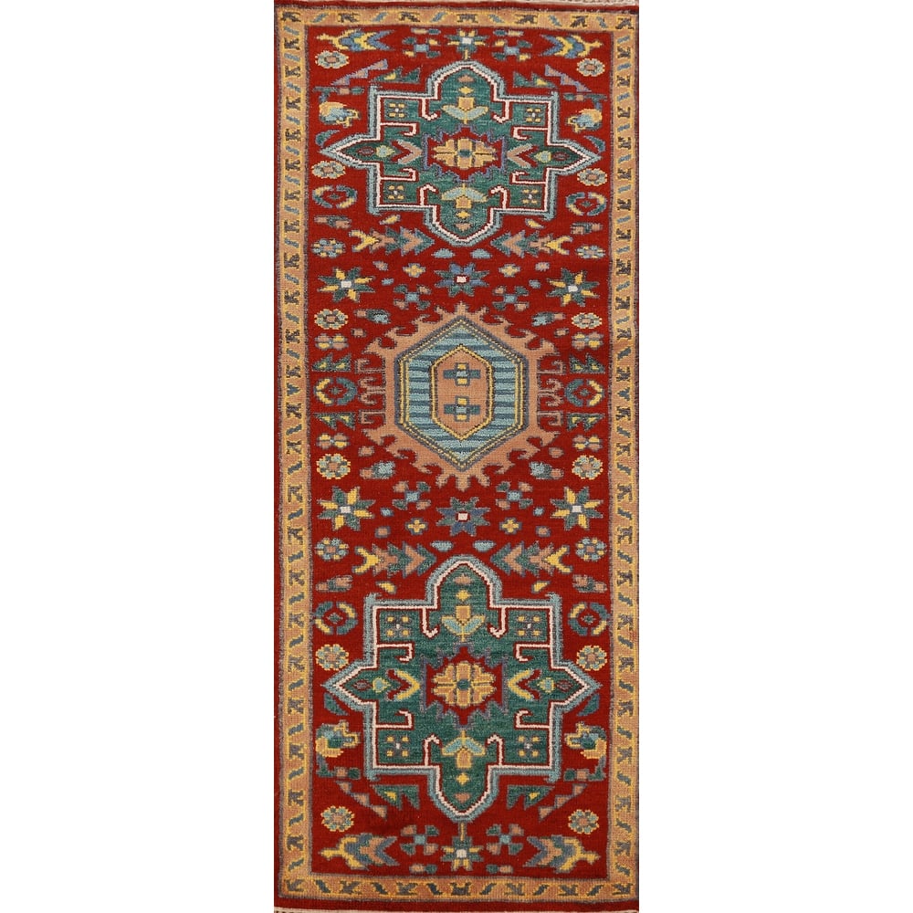 Red Geometric Khotan Indian Runner Rug Hand-Knotted Wool Carpet - 2'7"x 7'8"