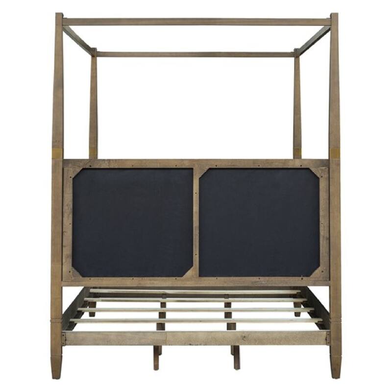 Roomfitters Modern Queen Canopy Bed Frame, Brown Solid Wood with Upholstered Headboard and Gold Metal Accents for Bedroom