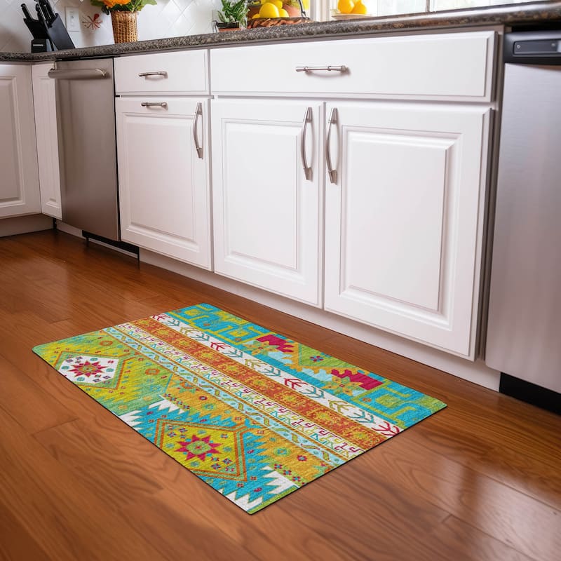 Machine Washable Indoor/ Outdoor Boho Tribal Chantille Rug