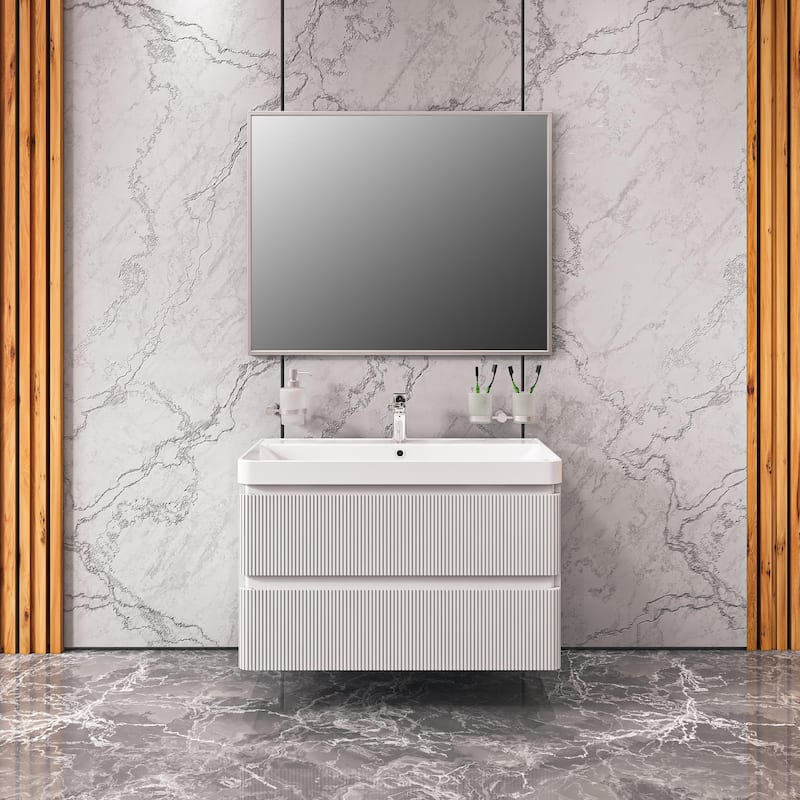 Modern Wall-Mounted Bathroom Vanity with Washbasin Luxury White Matte Non-Toxic MDF-30"-Simple 40"