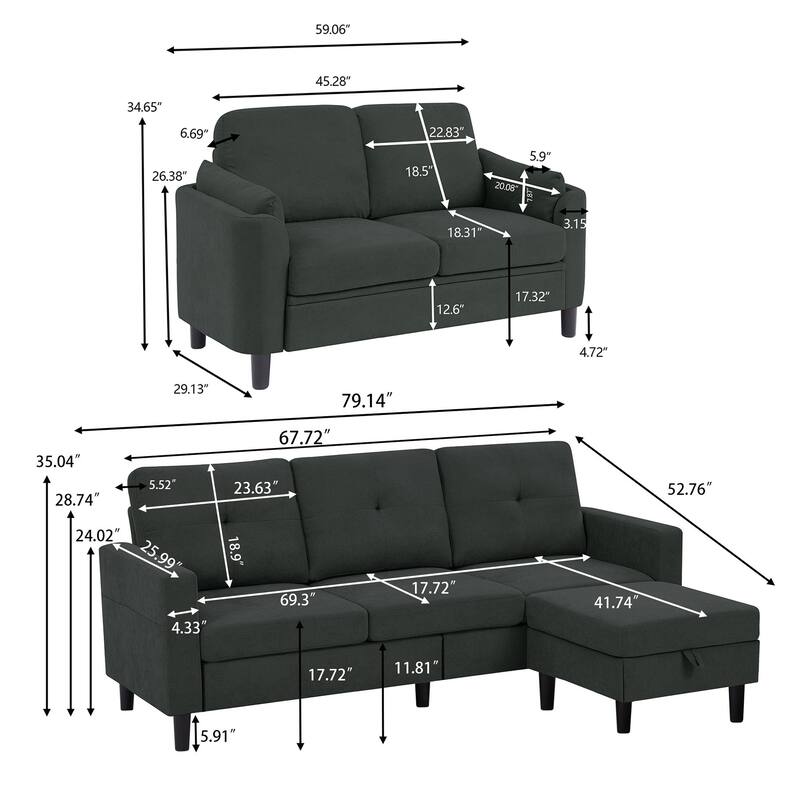 3 Pieces Living Room Set with Storage Ottoman