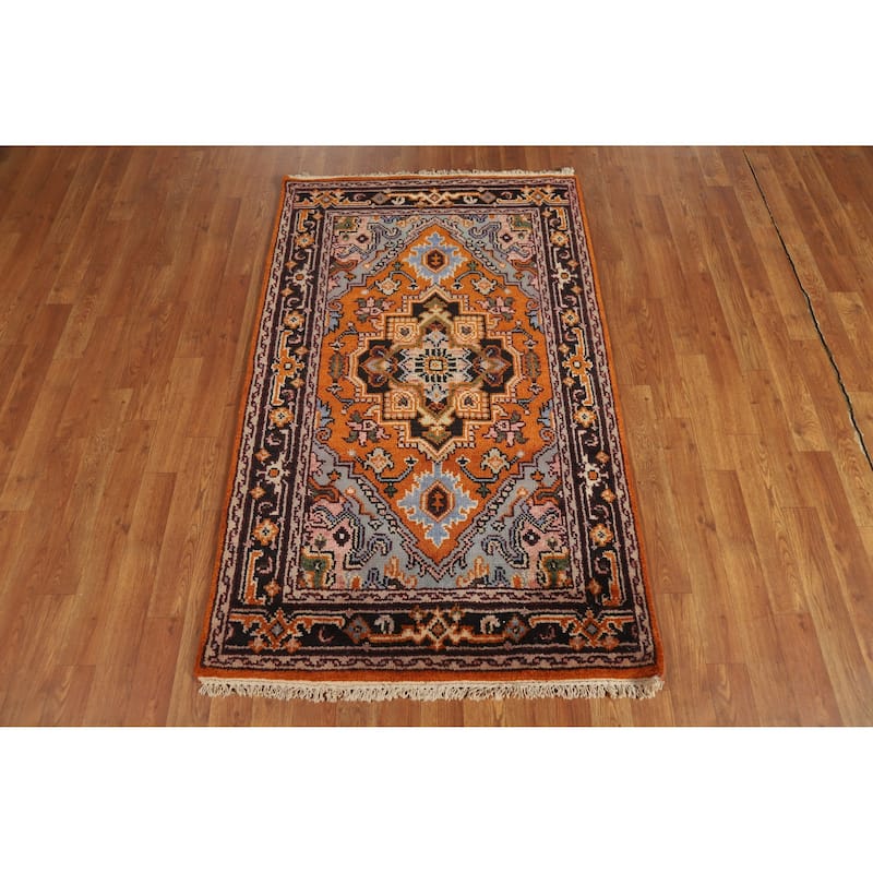 Hand Knotted Oriental 100% Wool Carpet Traditional Medallion Oranges & Rust Heriz (serapi) Area Rug - 5' 1'' X 3' 1''