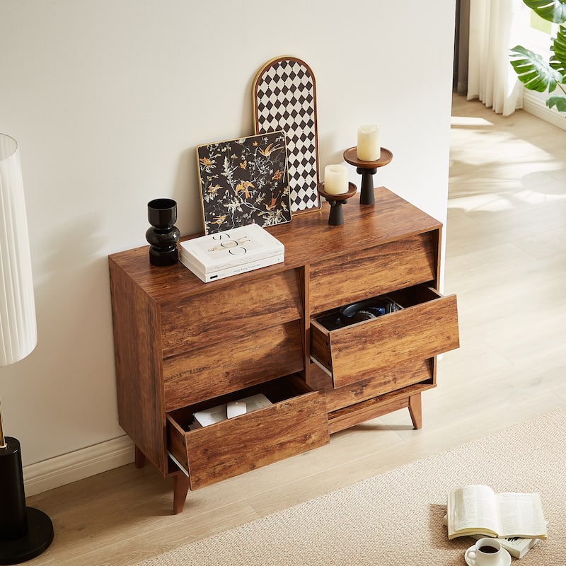 47.3" Wide Vintage Style 6 Drawer Dresser,Wood Dressers & Chest of Drawers,Wood Grain Finish