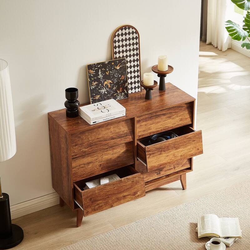 6 Drawer Dresser for Bedroom, Wide Wooden Storage Organizer, Double Dresses with Concealed Drawer Handles, Solid Wood Legs