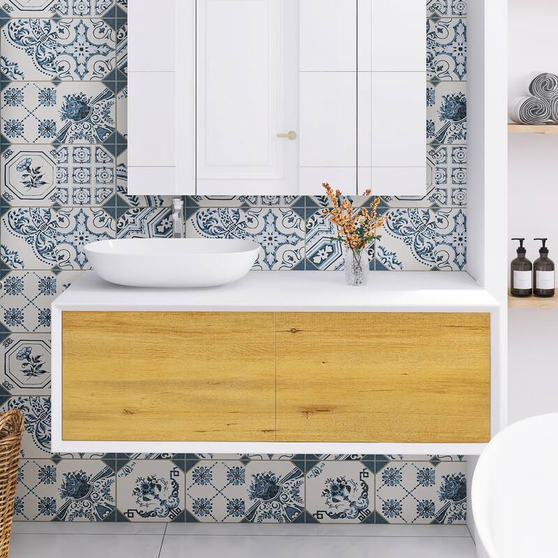 Floating Bathroom Vanity with Solid surface Top in F.OAK and Matte White - 47.24'' x 21.65'' x 19.49''