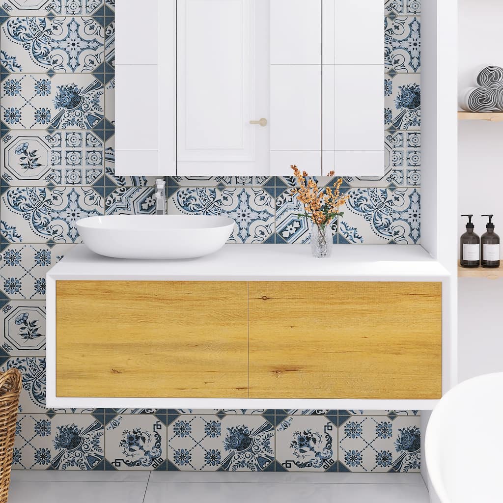 Floating Bathroom Vanity with Solid surface Top in F.OAK and Matte White