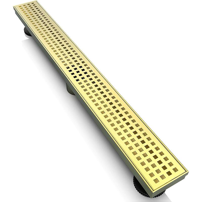 24-Inch Linear Shower Floor Drain, Square Hole Grate - 24 inch - Brushed Gold