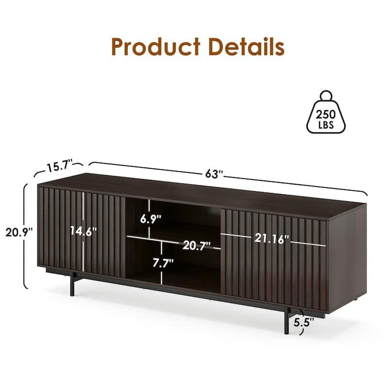 Mid Century Modern TV Stand for TVs Up to 75", Farmhouse Fluted TV Stand, Retro Wood TV Stand with Storage and Shelf