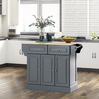 Kitchen Island with Storage, Rolling Kitchen Serving Cart with Rubber Wood Top, Storage Drawer and Cabinet