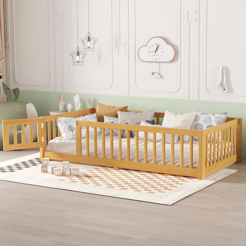 Montessori Toddler Floor Bed with Fence and Switchable Door, Low Profile Bed Frame with Removable Slats, Safe Transition Bed