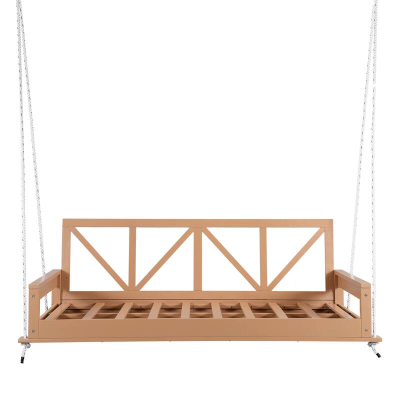 Acacia Wood Twin Size Outdoor Swing Bed with 16.4ft Hemp Ropes, Modern Hanging Porch Daybed Frame for Patio or Garden