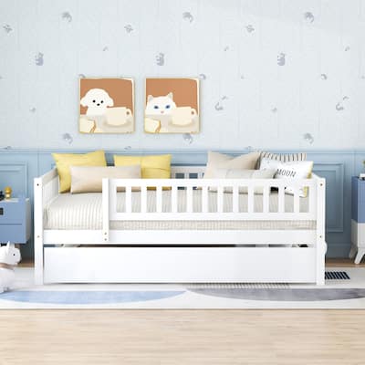 Full Size Wood Daybed with Trundle and Fence Guardrails, Space-Saving Design