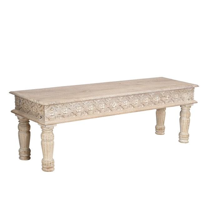 HomeRoots 58" White Floral Distressed Solid Wood Dining Bench - 58.00 in. x 18.00 in. x 16.00 in.