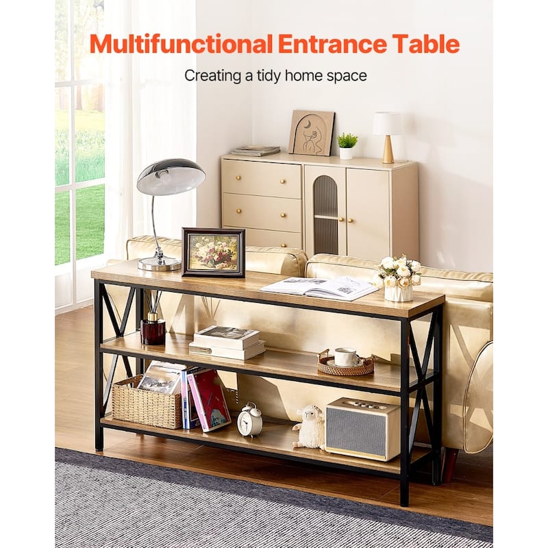 Brown Black MDF Metal Console Table, 3-Tier Long Hallway Table 240 lbs Top Load Capacity - 55.1” L x 13.4” W x 30.0” H